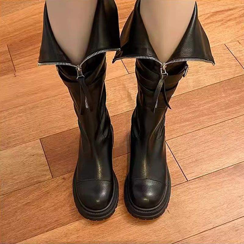 Maillard style soft leather fashion boots women's autumn and winter 2025 new belt buckle boots platform knight boots high boots
