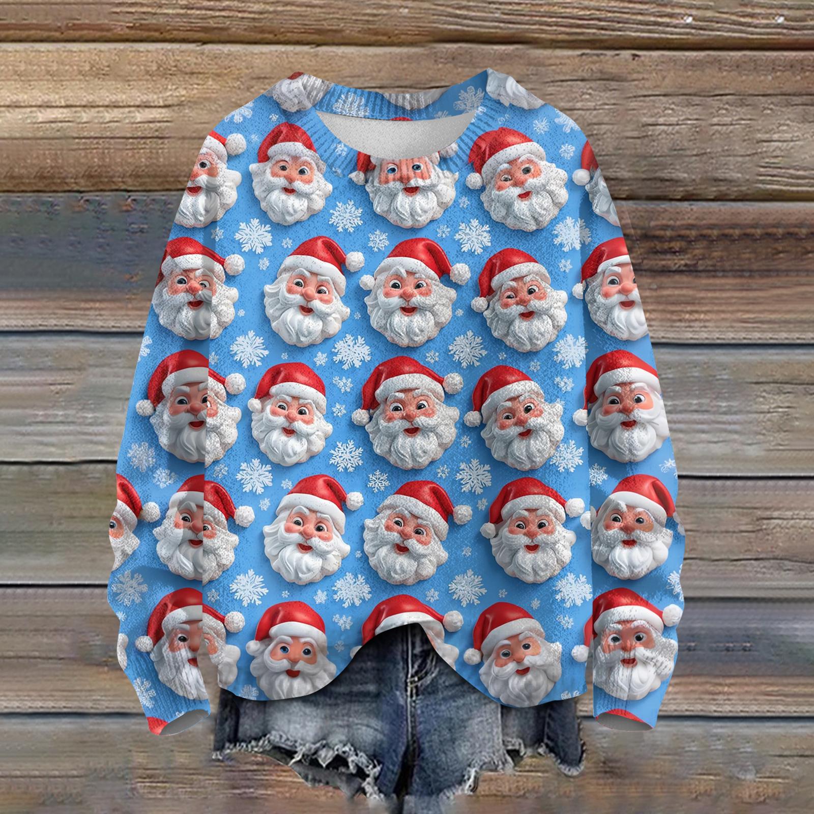 

Ladies Fashionable Casual Long Sleeved Christmas Printed Round Neck Knitted Yarn XXL синий