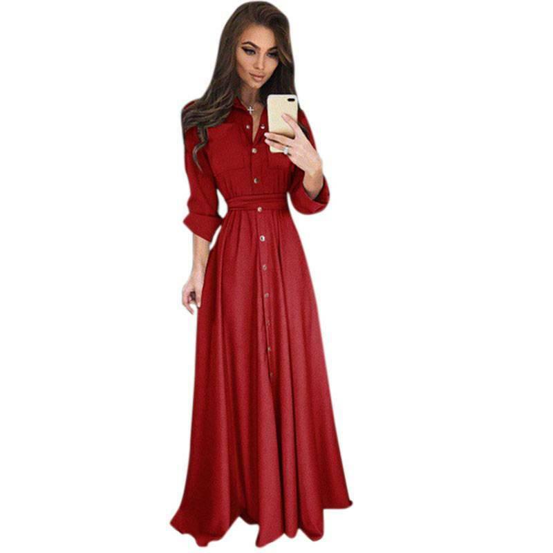 Womens Maxi Dress Long Sleeve Button Down Evening Party Cocktail Shirt Dresses