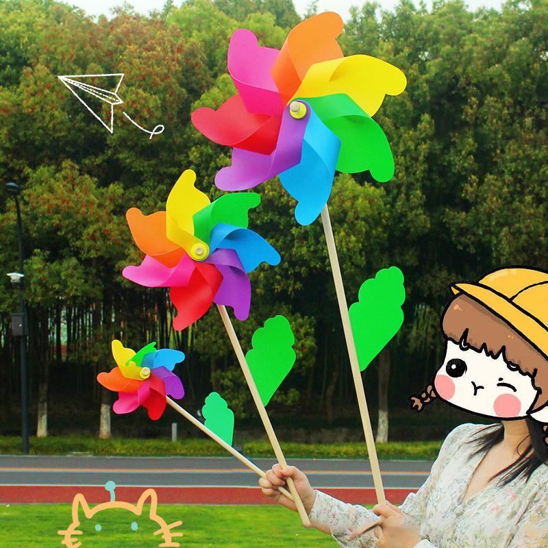 1 Piece 14/18/24/32Cm Wooden Pole Seven Leaf Colorful Diy Windmill Garden Yard Party Outdoor Wind Spinner Ornament Kids Toys