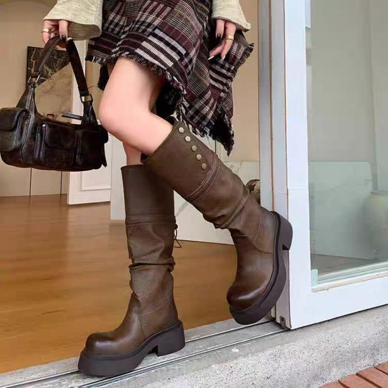New Style Fashion Platform Women Knee High Boots Fashion Slip On Knight Long Booties Square High Heels Autumn Winter Shoes