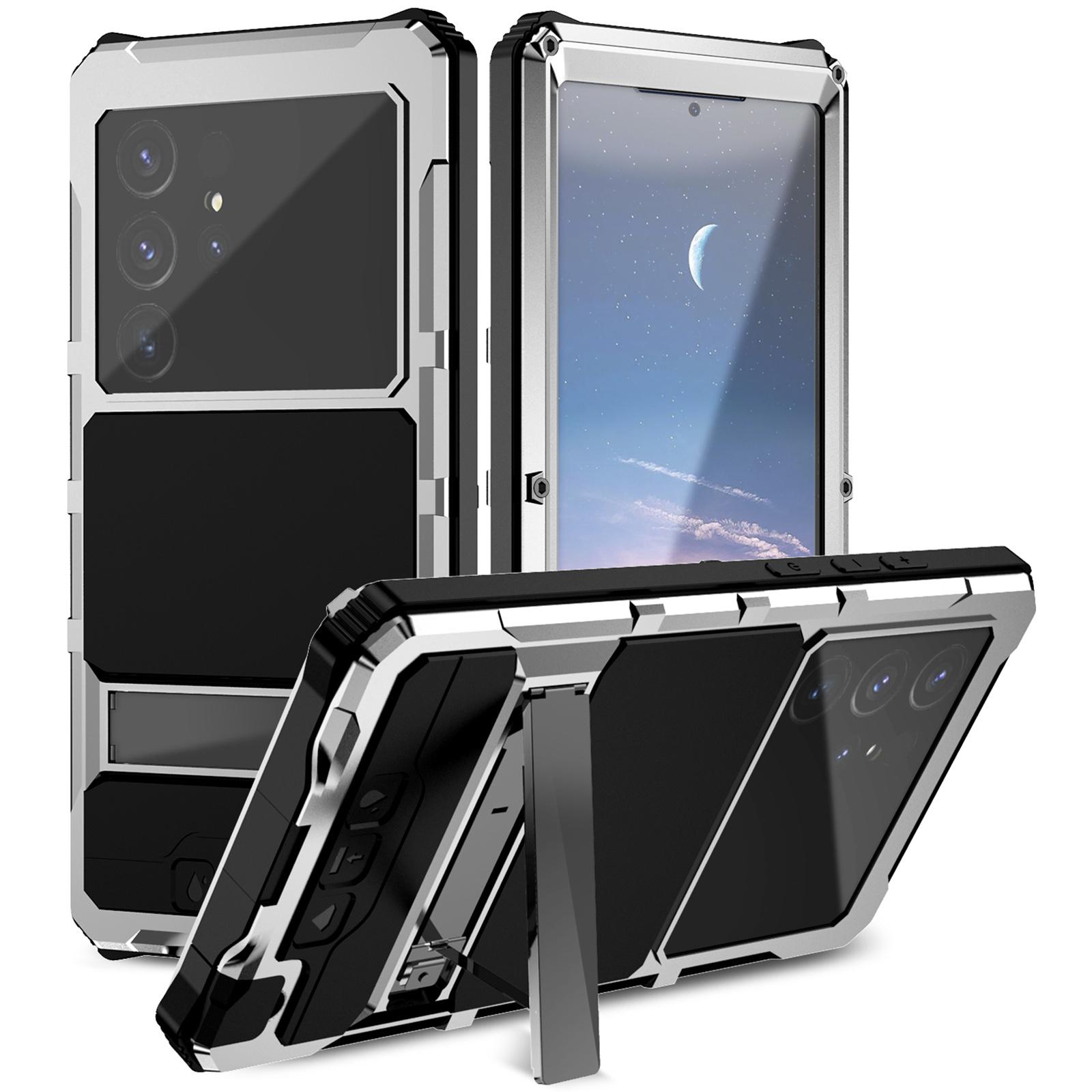 

For Samsung Galaxy S25 Ultra Case PC+Silicone+Metal Kickstand Phone Cover with Tempered Glass Film Silver