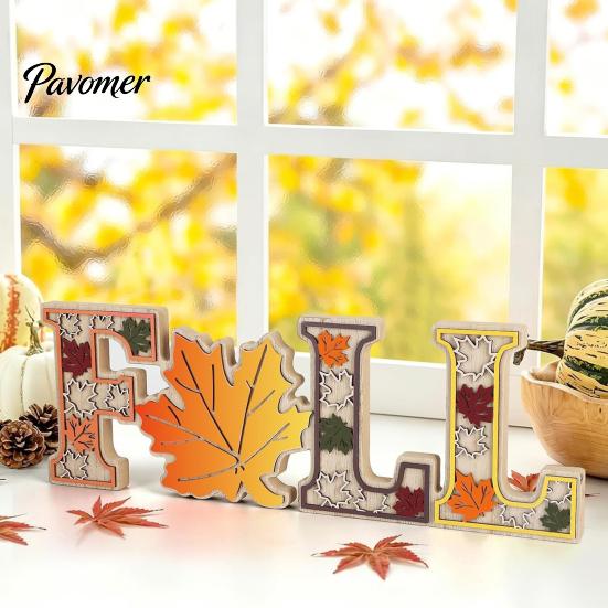 Solid Wood Harvest Theme Signs 4Pcs/Set Fall Wooden Tabletop Signs, Autumn Maple Leaf Letter Decorations for Table Tiered Tray Fireplace Dining