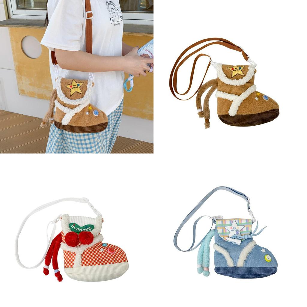 Plush Cartoon Shoe Shaped Shoulder Bag For Girls With Zipper Closure And Inner Pouch