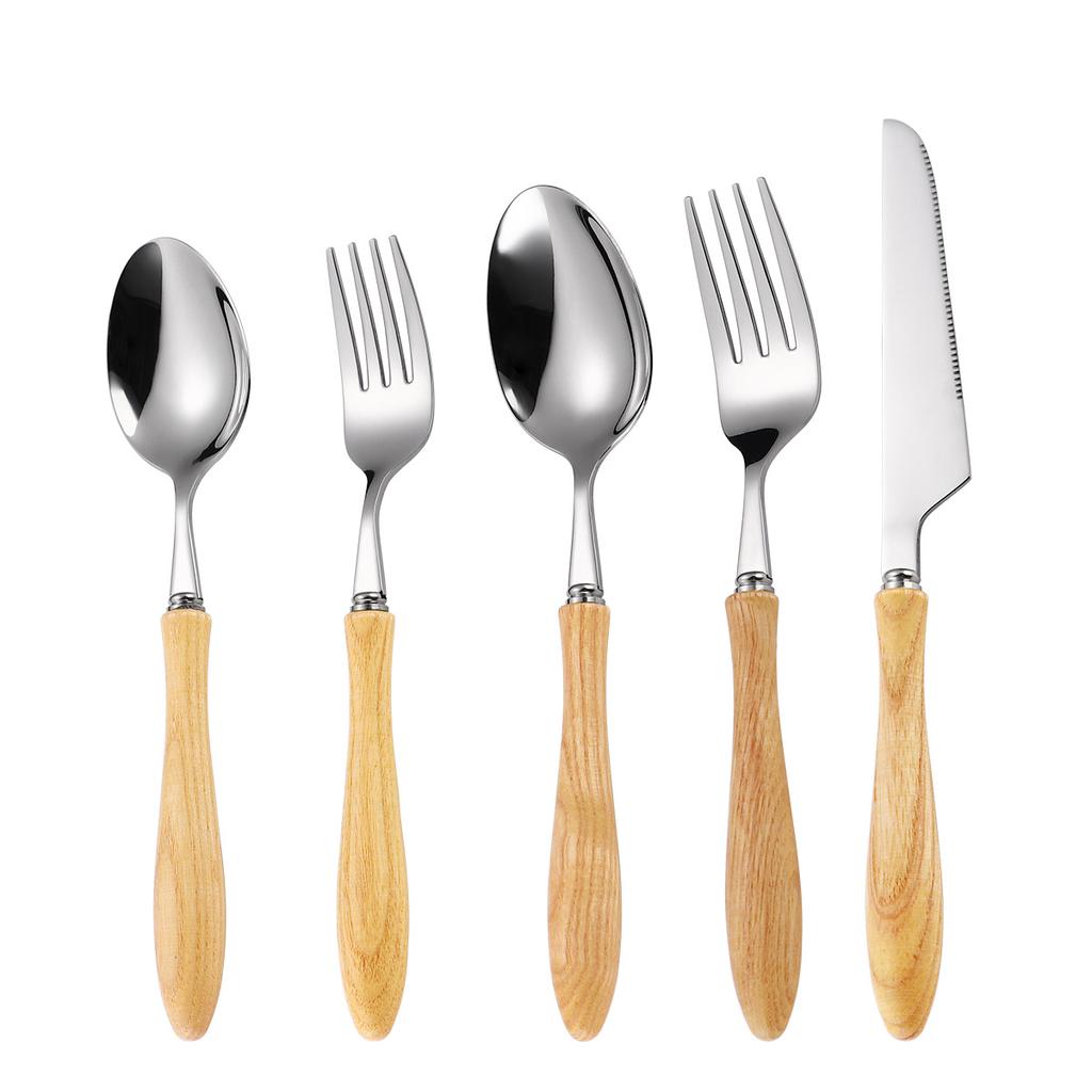 304 Stainless Steel Ash Wooden Handle Western Food Steak Knife Fork Spoon Retro Stainless Steel Tableware Four-piece Set