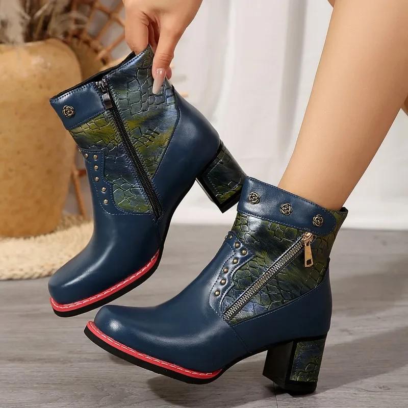 Fashion 2024 Hot Sale Shoes for Women Side Zip Women's Boots Autumn Square Toe Mixed Colors Short Barrel Chunky Heels Fashion Boots