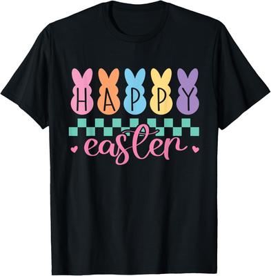 Glücklicher Osterhase Grafik-T-Shirt Pastell-Karomuster Lässiges Kurzarm-T-Shirt