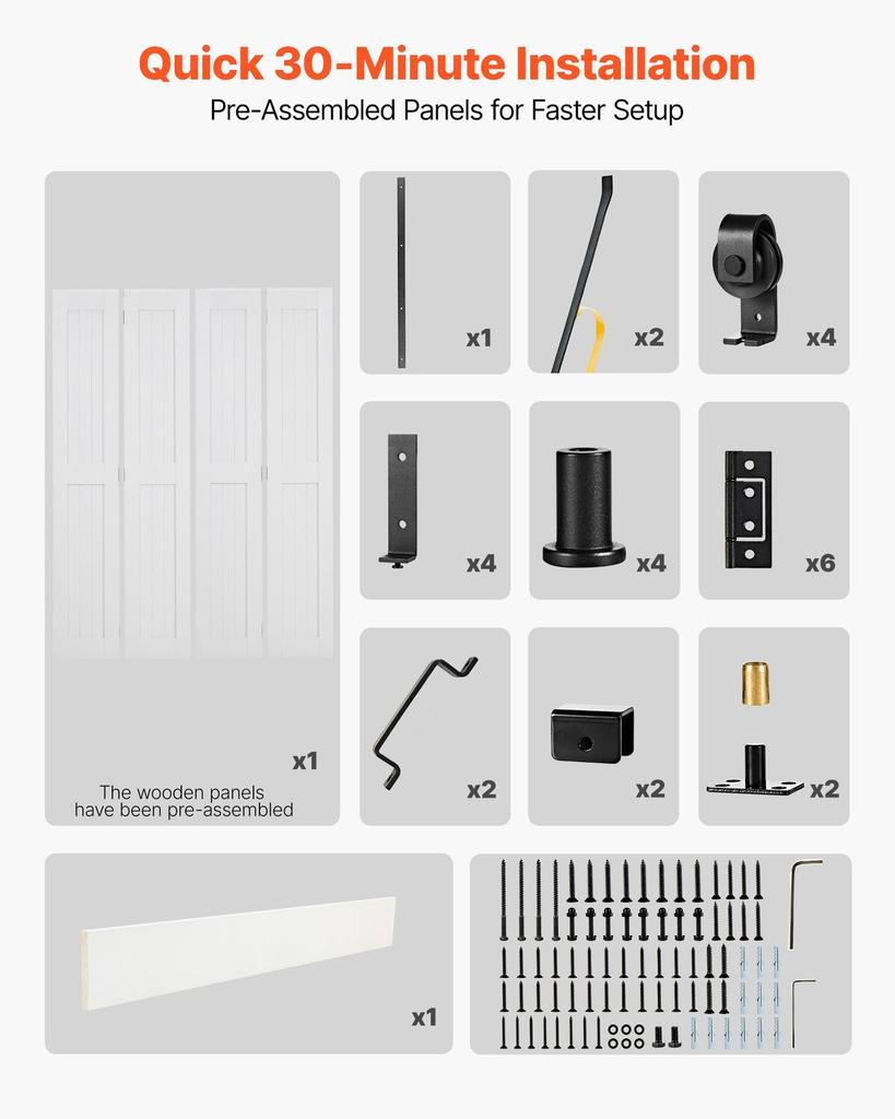 Bifold Barn Door, 1219 x 2134 mm, MDF Bi-Fold Sliding Closet Doors, Hardware Kit Included, H-Frame Space-Saving Design, Pre-Assembled Panels for