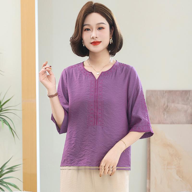 

Women s Plus Size Cotton & Linen Loose Summer Top - Short Sleeve, Belly Covering 5XL (150-165 jin)