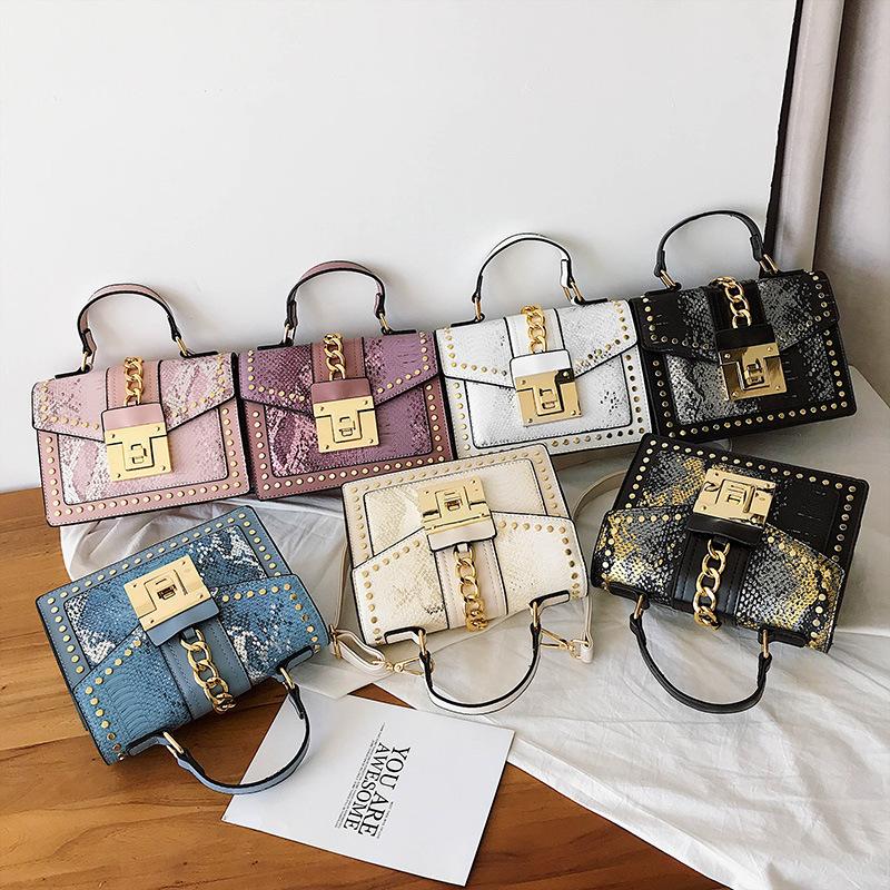 Feminine Leather PU Bag with Studs Shoulder Bag with Shoulder Strap with High-quality Metal Lock Small Square