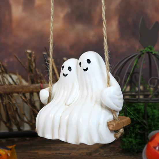 Swing Ghost Couple Figurine Halloween Ghost Hanging Decoration Resin White Ghost Couple Ornament for Indoor Outdoor Garden Patio Porch Decor