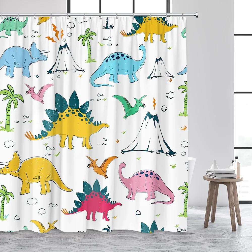 Funny Cartoon Dogs Shower Curtain Cute Dinosaur Tropical Fish Animals Footprints Kids Bath Curtains Polyester Bathroom Decor Set