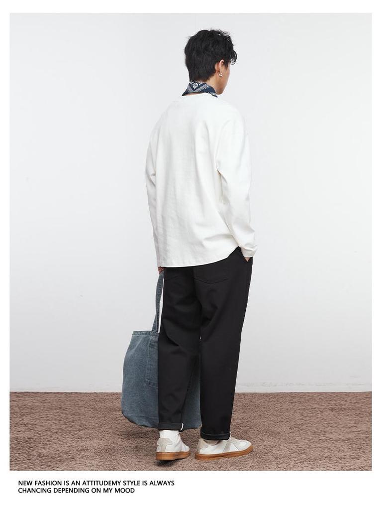 Yizhi Men's Spring Long Sleeve Crew Neck T-shirt with Hem Slit Design, Korean Style, Loose Fit