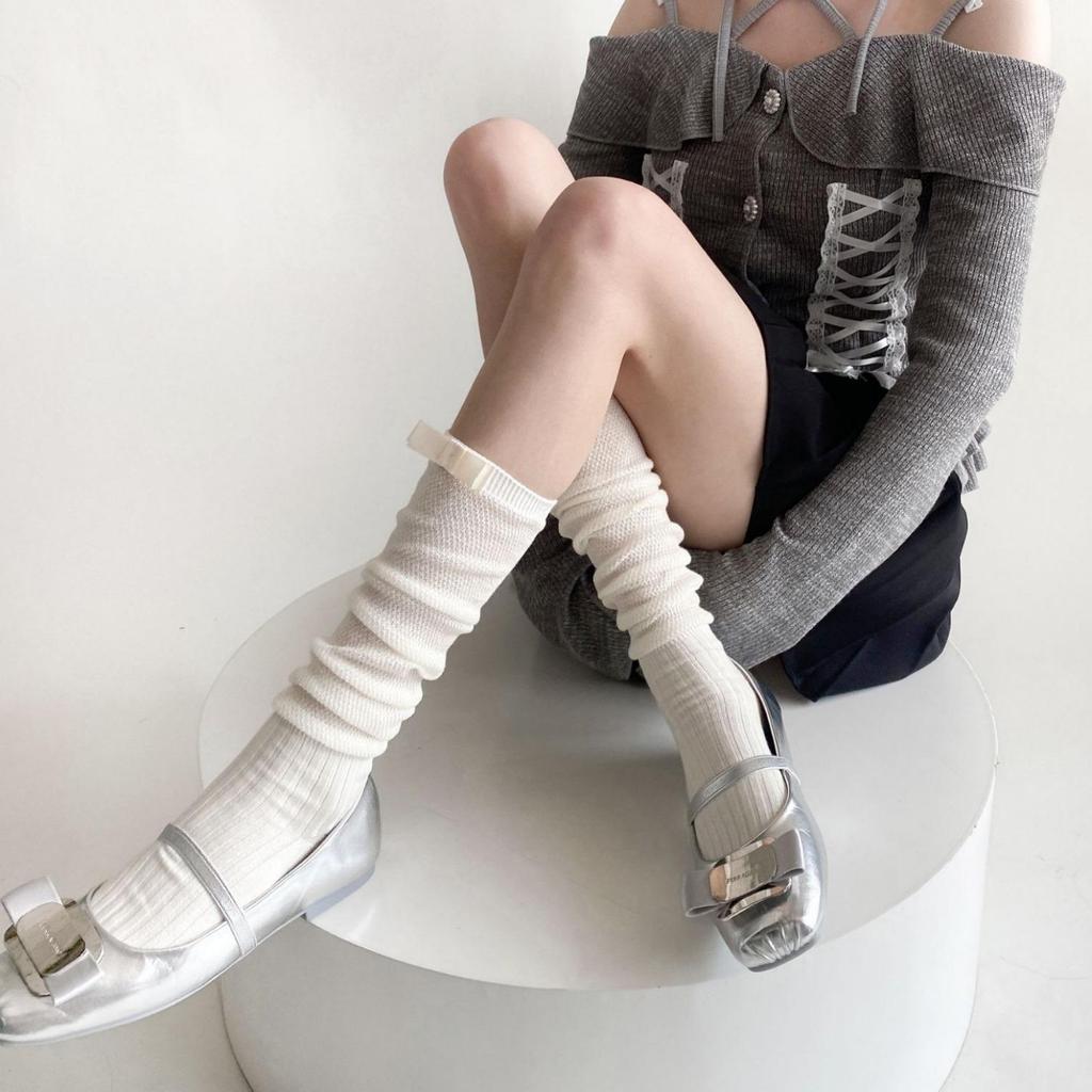 Ruffled Sheer Calf Socks with Heel Ribbons and Bows, Ballet Style, Korean Version.