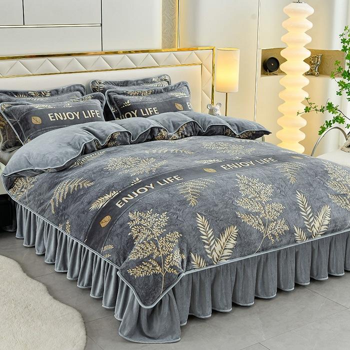 Thickened Milk Fleece Four-Piece Coral Fleece Quilt Cover, Bed Sheet Fleece Double-Sided Fleece Flannel Bedding, Bed Skirt