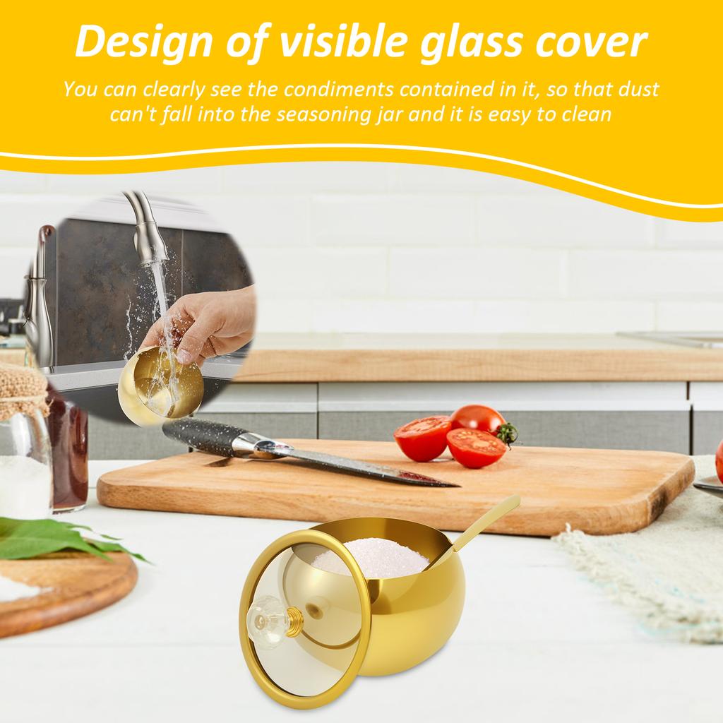 1/2Pcs Stainless Steel Brown Sugar Bowl with Glass Lid and Spoon Anti Rust Coffee Bean Bowl Smooth Surface Sugar Cubes Dispenser