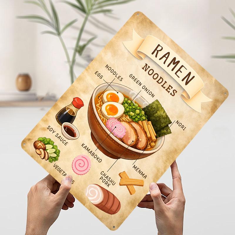 Ramen Noodles With Ingredients Printed Poster Customized Wall Art Retro Vintage Metal Tin Signs for Aesthetic Room Decor Men