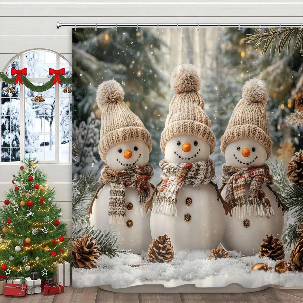 Pink Christmas Printed Shower Curtain Cute Snowman and Christmas Tree Gift Polyester Shower Curtains Bathroom Decor with Hooks