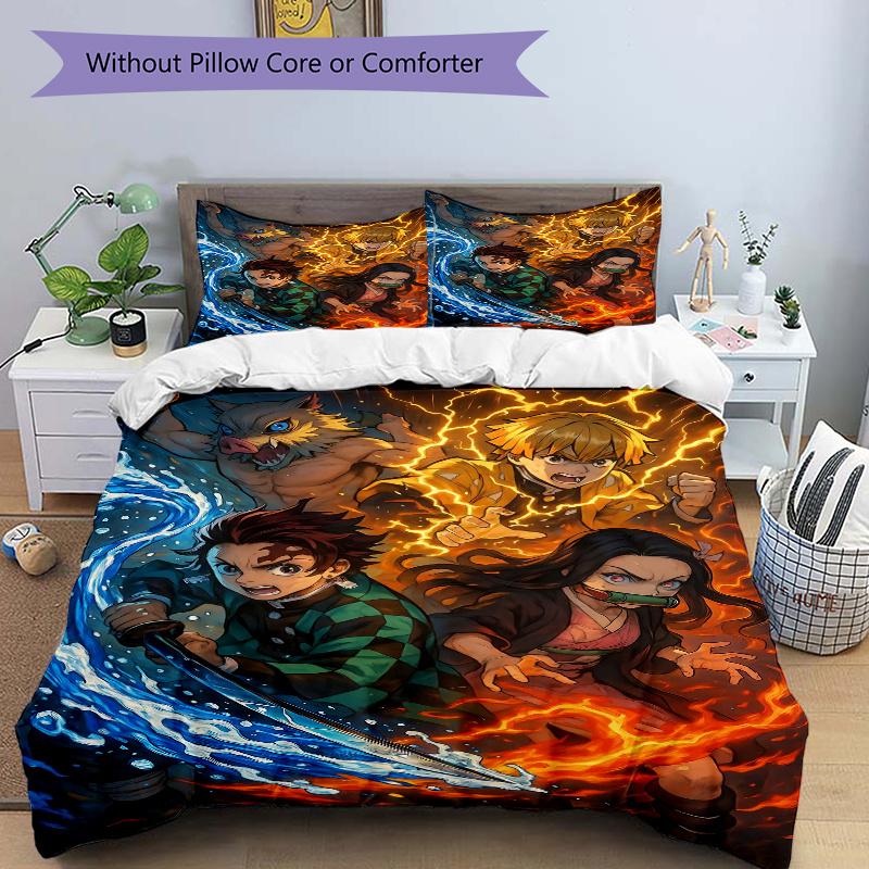 

3pcs Demon Slayer Four Elements Printed Bedding Set, Soft and Comfortable Quilt Cover for Bedroom, Guest Room (1 Duvet Cover + 2 Pillowcases 135cm*200cm