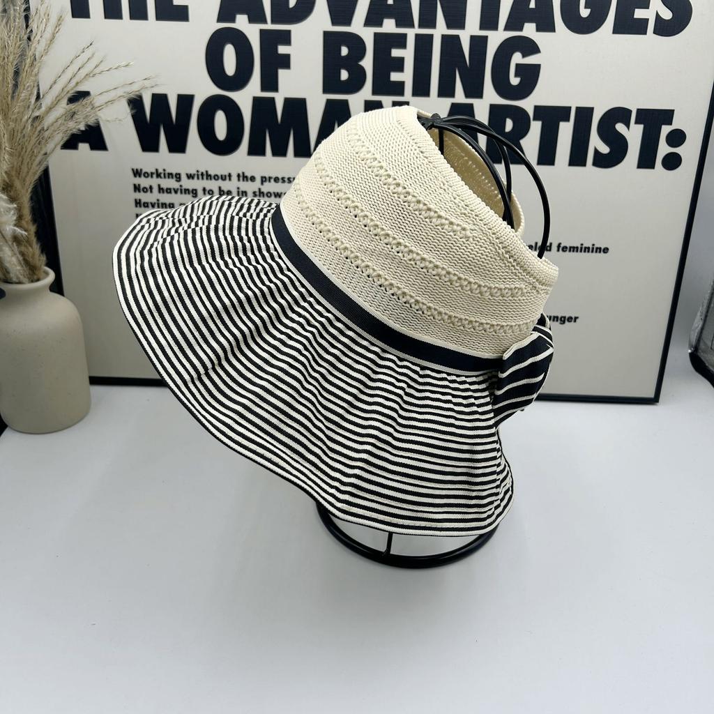 Big Eaves Empty Top Sunscreen Hat Women's Summer Striped Vacation Wind Beach Shading Breathable Fisherman Hat Showing Face Small Cool Hat