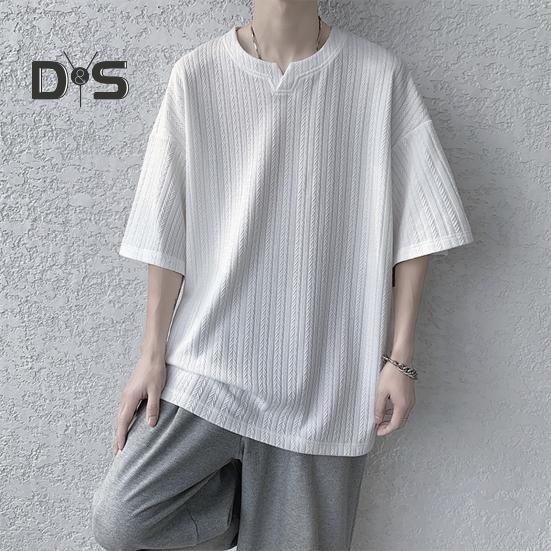 Męski T-shirt Mały Dekolt V Krótki Rękaw Tekstura Skręcana Koszulka Jednolity Kolor Luźny Krój Jedwab Lodowy Codzienne Topy