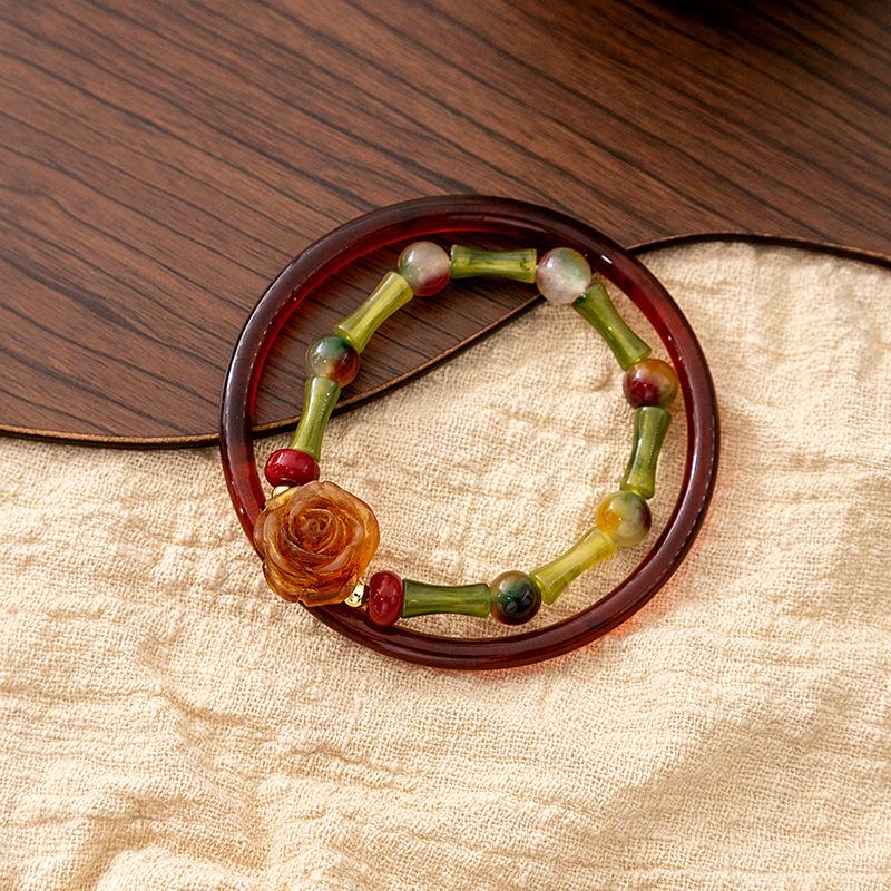 National Style Rose Bracelet Set, Retro Chinese Style Bamboo Joint Beaded Bracelet Cheongsam Accessories Bracelet