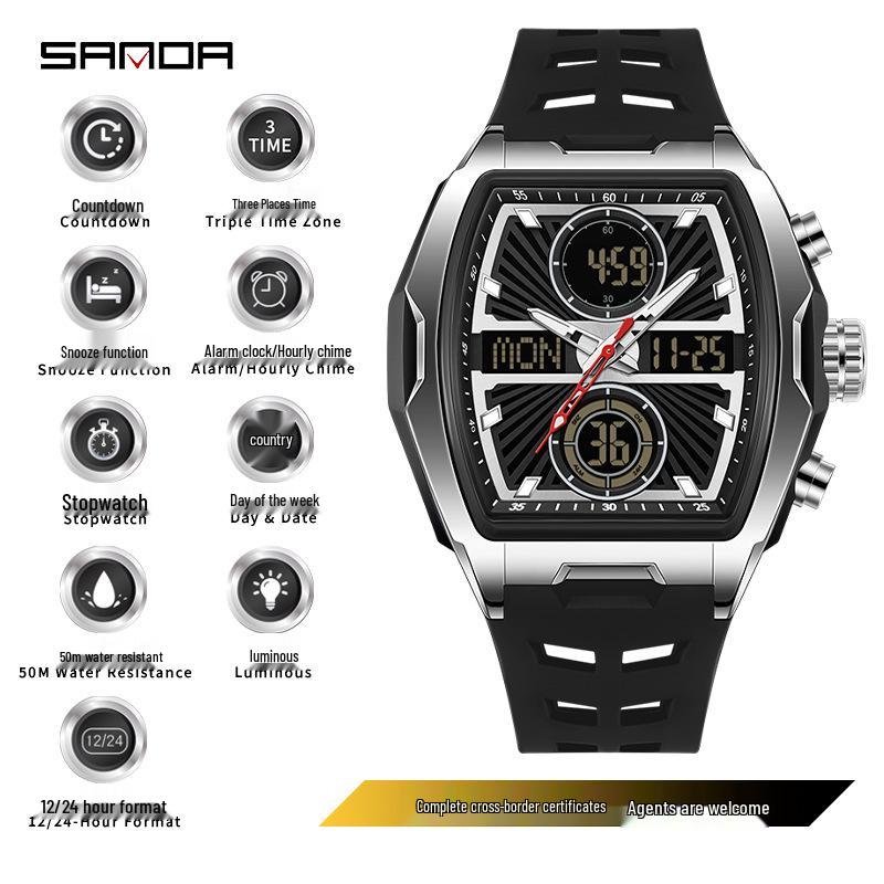 Sanda Dual Display Barrel-Shaped Student Outdoor Sports Watch with Snooze & Multifunction