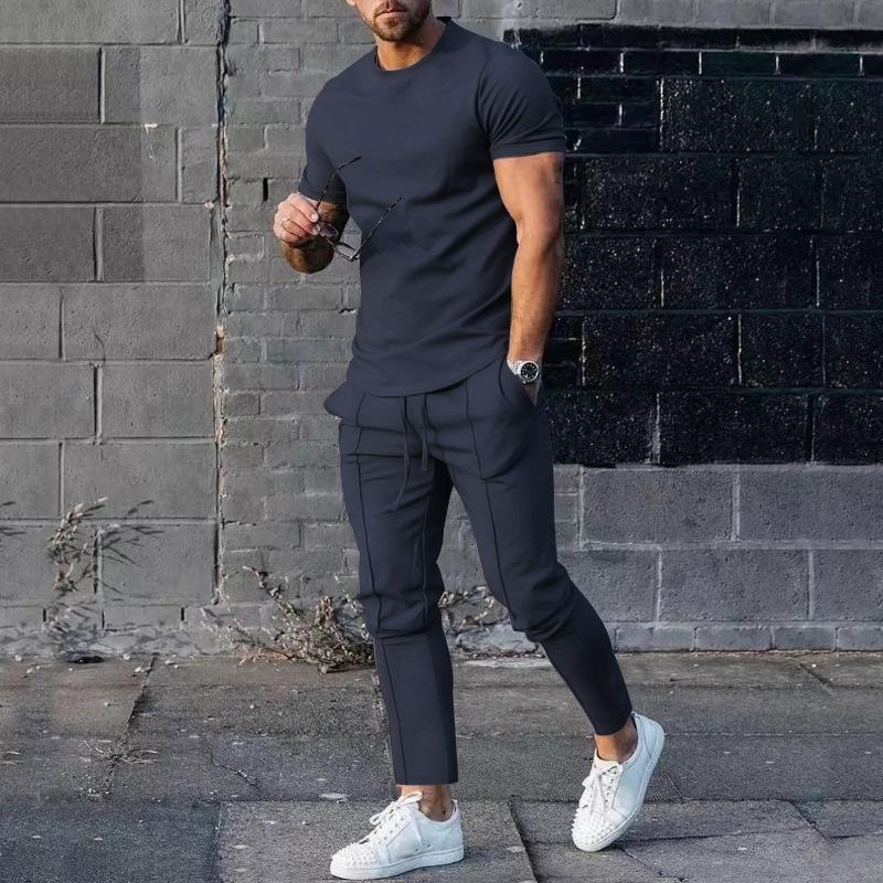 Sports Set Mens Fall Summer Solid Casual Round Neck Short Sleeve Sports T-shirt Two Piece Set for Men
