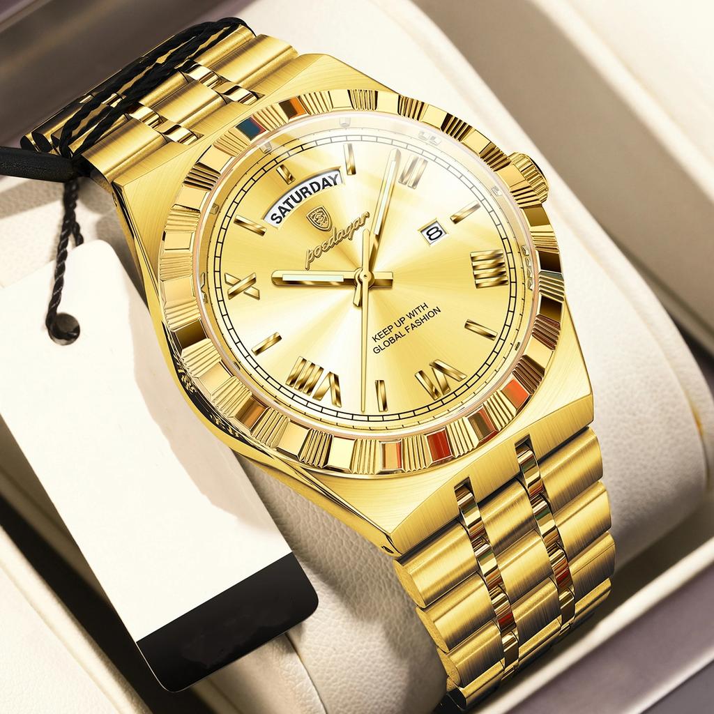 POEDAGAR Luxury Business Man Watch Week Date Waterproof Luminous Watches For Men Stainless Steel Quartz Men's Fashion Wristwatch