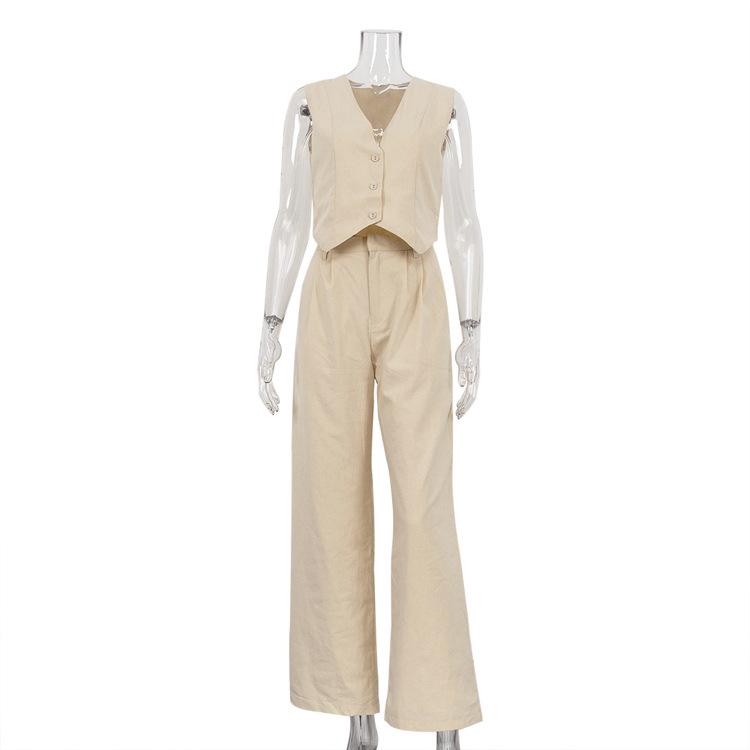 Women's Solid Color Linen Sleeveless Vest High Waist Wide Leg Pants 2 Piece Outfit Casual Co Ord Set