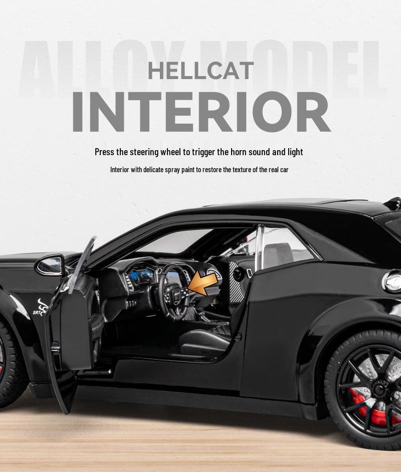 1:24 Hellcat Challenger Alloy Sports Car Model with Sound, Light, Pull-Back, and Openable Doors.
