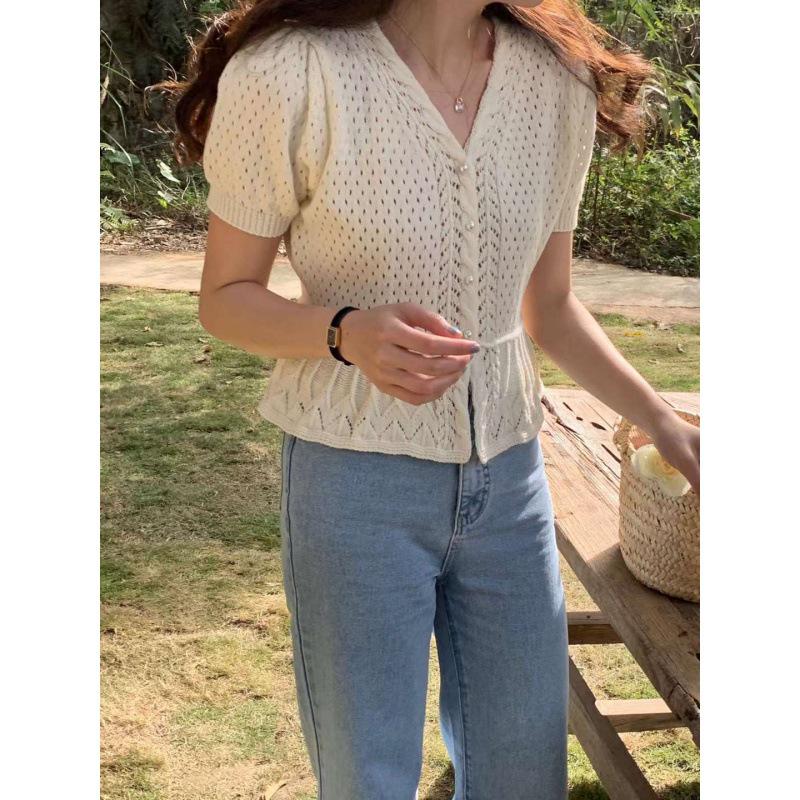 Korean Style Slimming Pearl Button Cutout Bubble Sleeve Knit Top