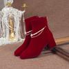 Fashion Women's Thick Heel Cotton Boots Winter New Square Head Suede Back Zipper Anti-slip Wear-resistant Short Tube Wedding Shoes