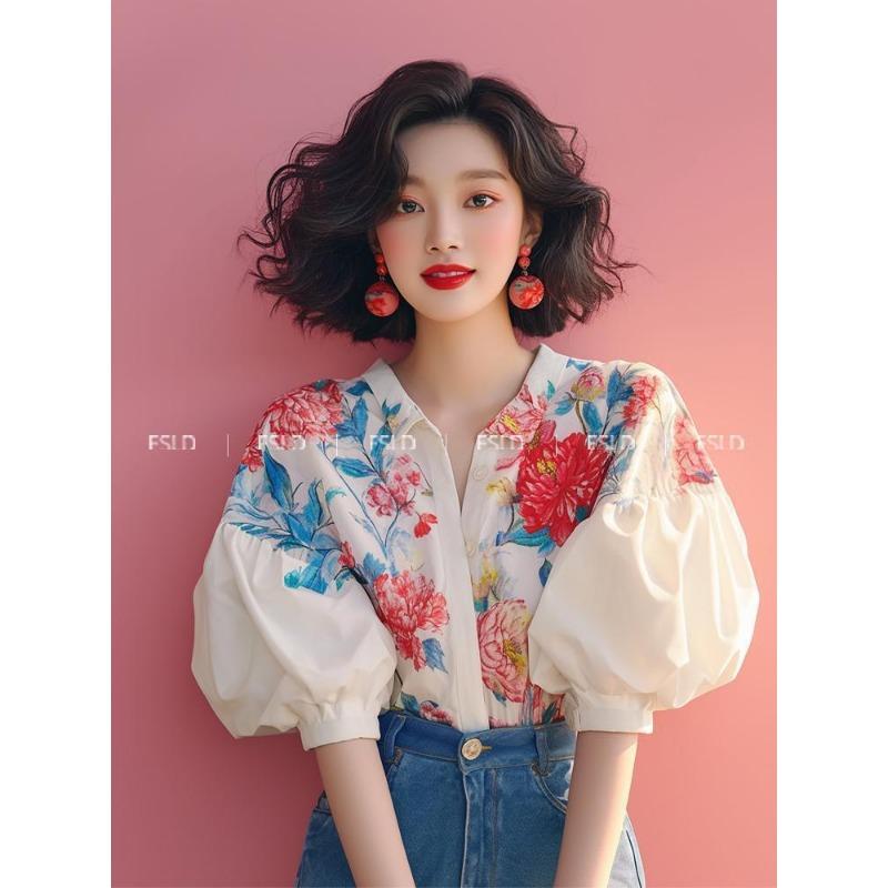 Summer New Floral Printing Shirt Women Half Lantern Sleeve Cardigan Blouse Female Elegant All-match Button Top