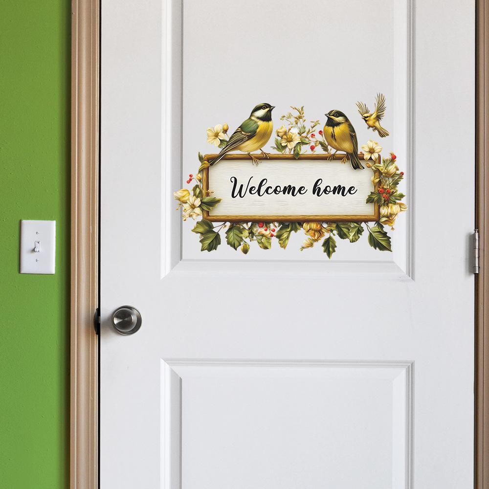 Hand Painted Floral Welcome Sign with Hummingbird Door & Wall Sticker for Living Room Home Decor Self-Adhesive Removable Decal