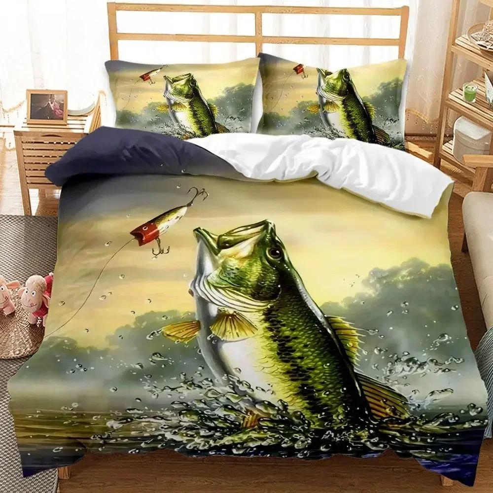 Pike Fish Bedding Striped Bass Big Pattern Hunting And Fishing Themed Duvet Cover For Kids Boys BedRoom Decorations For Teens