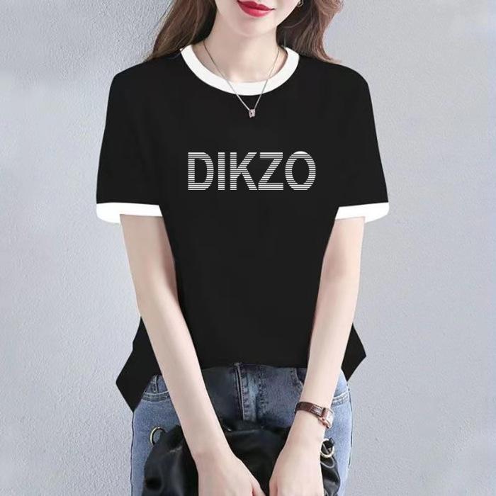 

Bag collar cotton short-sleeved T-shirt women s summer new black and white contrasting color fashion t-shirt loose on 2XL чорний