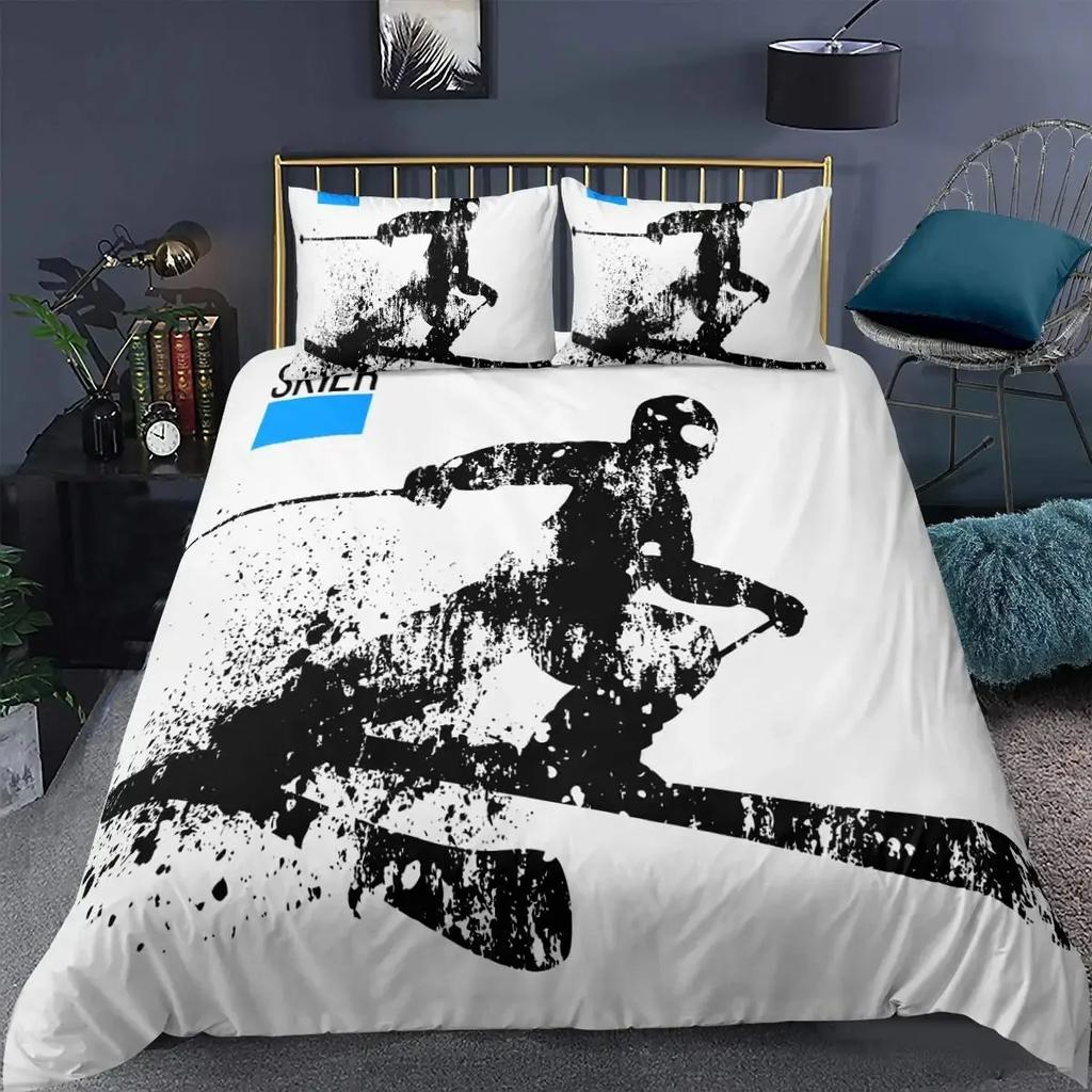 Ski Sports Duvet Cover Set Full Size Winter Sports Skiing Bedding Sets Snow Mountain Landscape Comforter Cover for Boys Girls