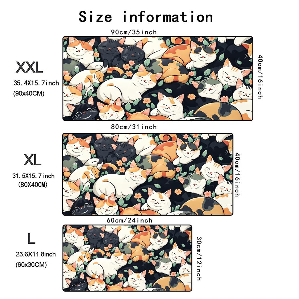 Kawaii Cartoon Cat Large Desk Mat, Black and White Cats Mouse Pad Non-Slip Rubber Keyboard Pad Laptop Office Gaming Table Decor