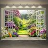 2D flat 1pc spring garden landscape polyester banner, through the window, perfect living room decoration and room decoration