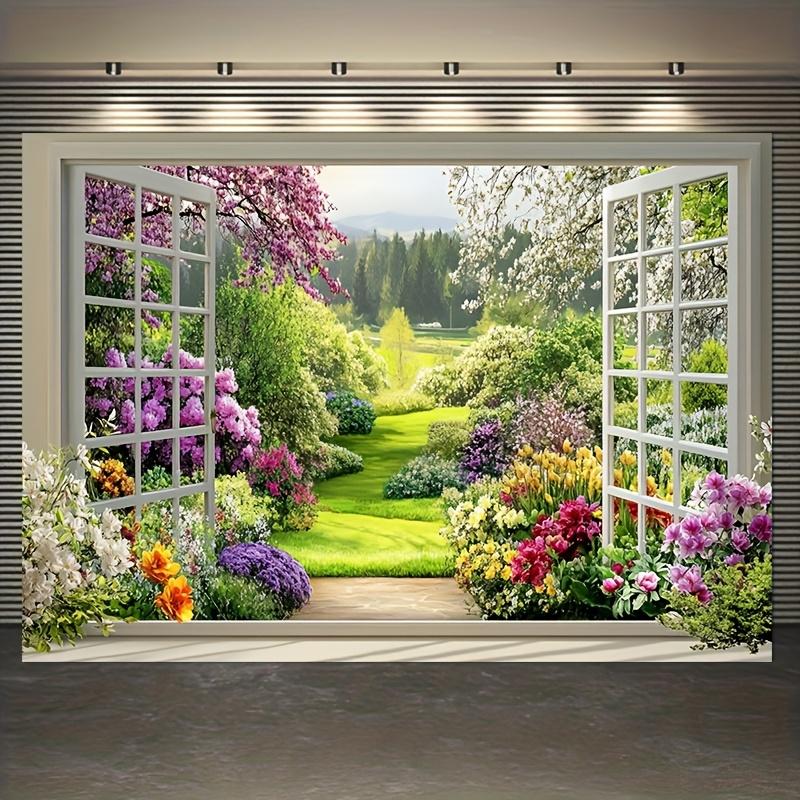 2D flat 1pc spring garden landscape polyester banner, through the window, perfect living room decoration and room decoration