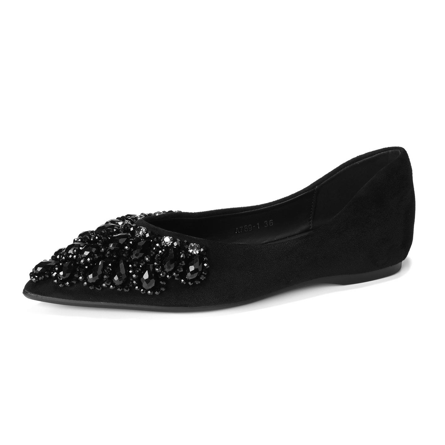 

Luxury Rhinestones Flats for Women Fashion Pointed Toe Slip on Loafers Large Size Comfortable Soft Sole Boat Shoes Footwear 35 чёрный