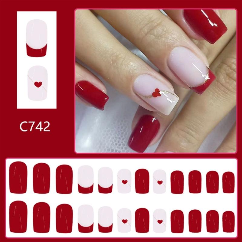 Valentine Press on Nail Square Fake Nail Glossy Design False Nail Full Cover Artificial Acrylic Nail 24pcs 12Sizes
