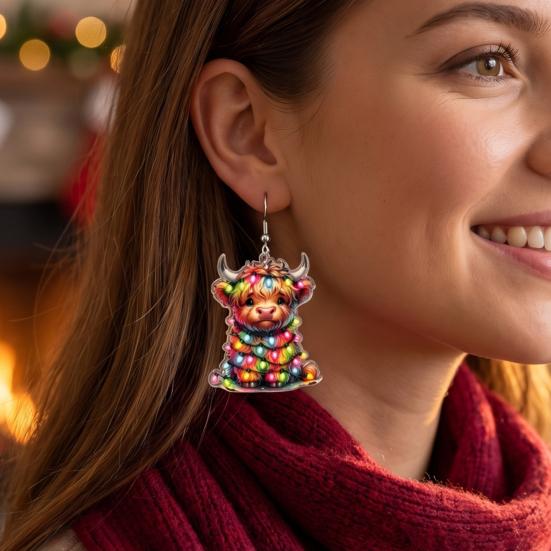 Childlike Festive Style Jewelry 1 Pair Acrylic Highland Cow Christmas Earrings for Women, Cute Scottish Cattle Holiday Gift Her Dangle Drop Earrings,