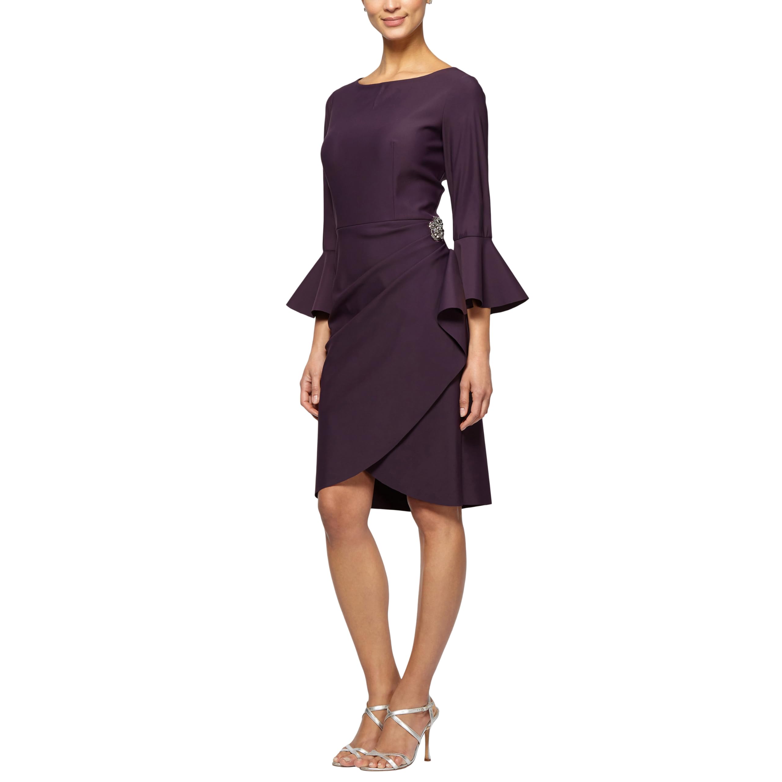 

Alex Evenings Women s Slimming Short Dress with Bell Sleeves (Petite and Regular) , Aubergine , 6