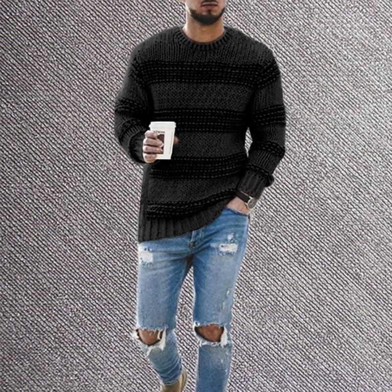 Sweater Men'S Autumn And Winter New Fashionable Round Neck Knitted Top Striped Casual Sweater