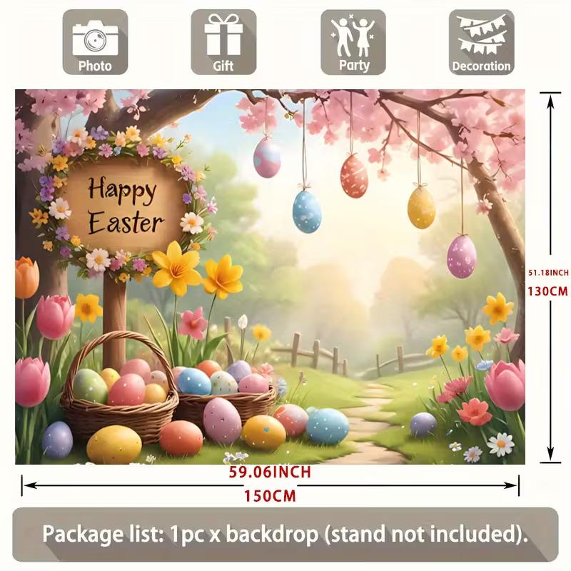 2D Easter Floral Garden Backdrop Cloth 2D Print Colorful Eggs Home Wall Hanging
