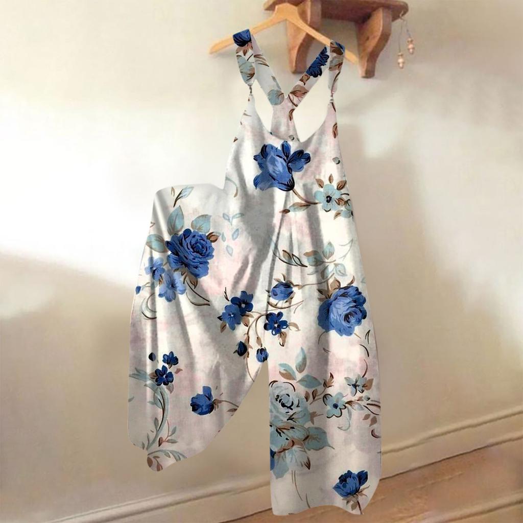 Wide Leg Overalls For Women Casual Loose Sleeveless Jumpsuits Retro Print Metal Button Long Pant Romper Jumpsuit With Pockets