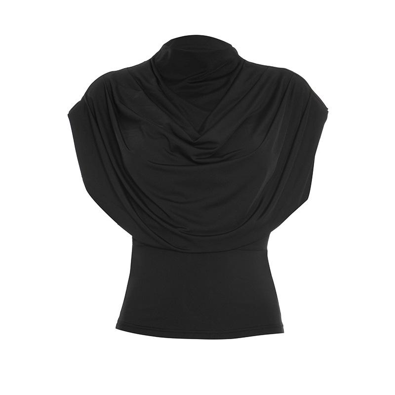 C25TP449 Women's Solid Color Sleeveless Slim Fit High Neck Draped Top