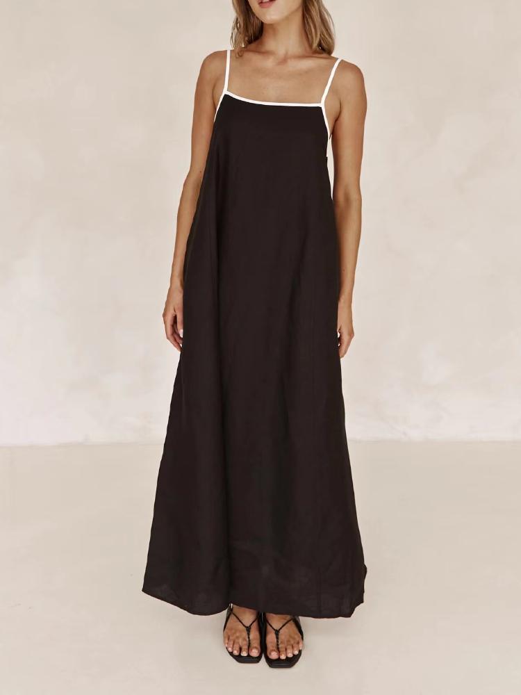 Fashion Contrasting Color Cotton Camisole Dress Spring and Summer Women Simple Loose Ventilate Large Hem Vacation Leisure Dress